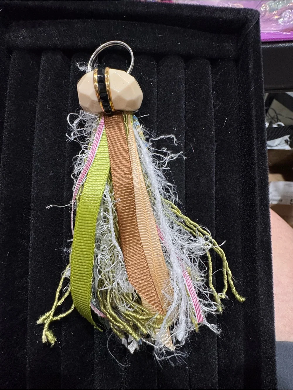 Stylish Multi-Texture Tassel Keychain in Beige and Green